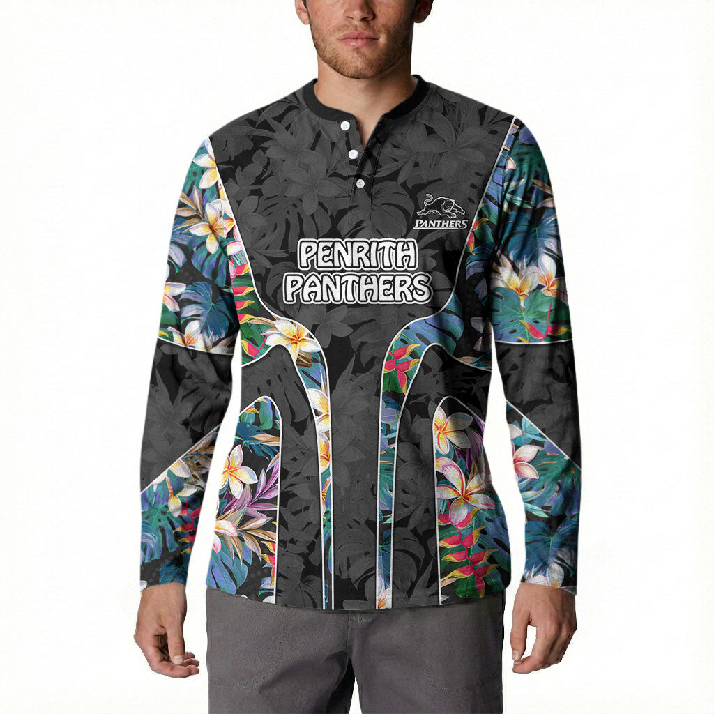 Penrith Panthers Button Sweatshirt Tropical Hibiscus Floral Pattern With Black And Grey Accents