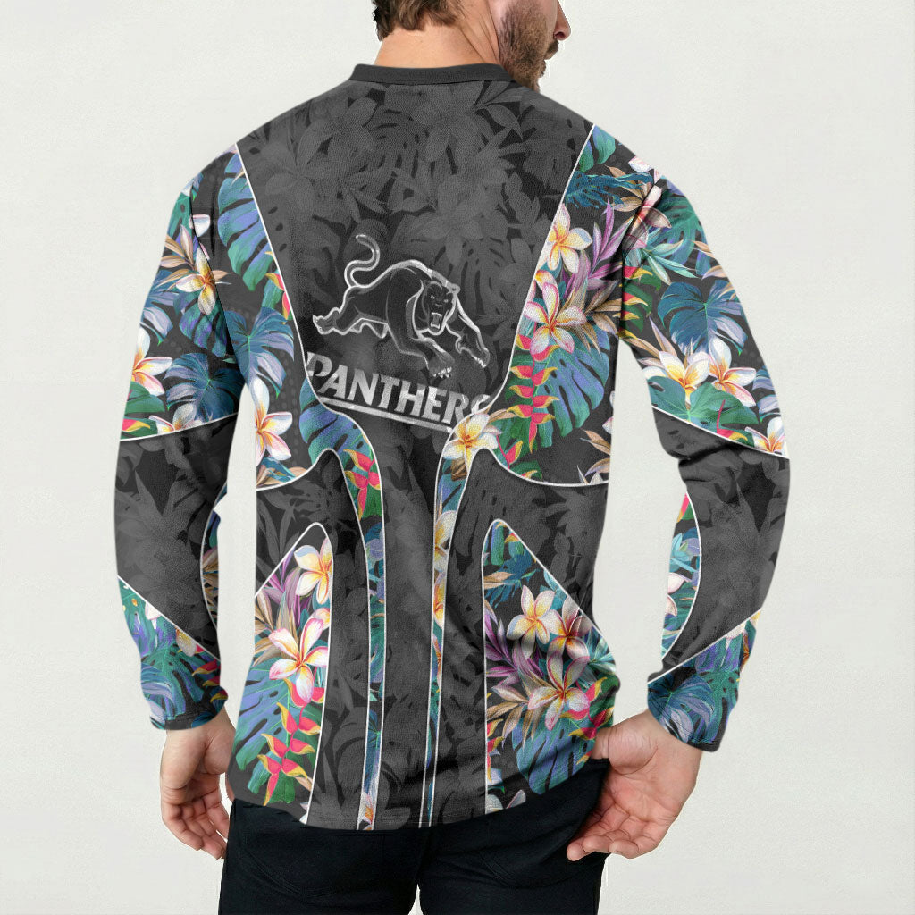 Penrith Panthers Button Sweatshirt Tropical Hibiscus Floral Pattern With Black And Grey Accents