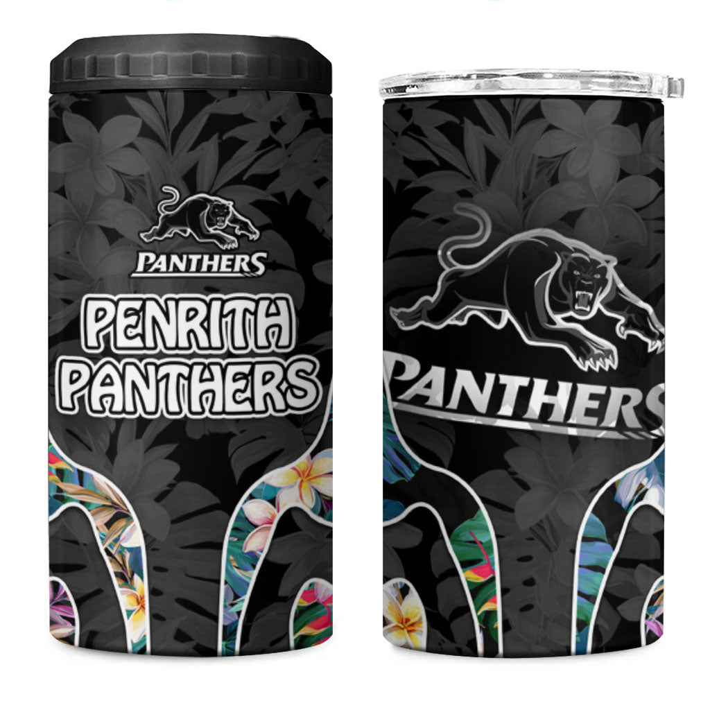 Penrith Panthers 4 in 1 Can Cooler Tumbler Tropical Hibiscus Floral Pattern With Black And Grey Accents