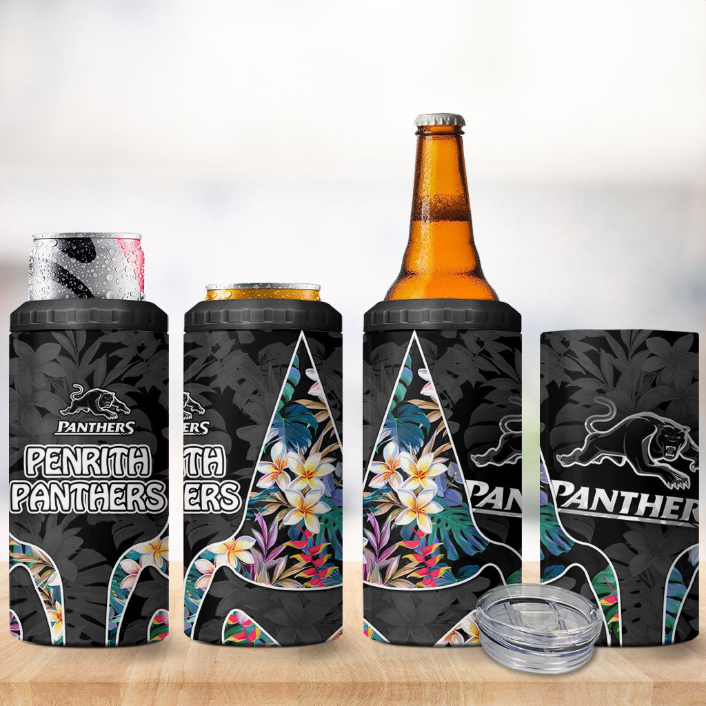Penrith Panthers 4 in 1 Can Cooler Tumbler Tropical Hibiscus Floral Pattern With Black And Grey Accents