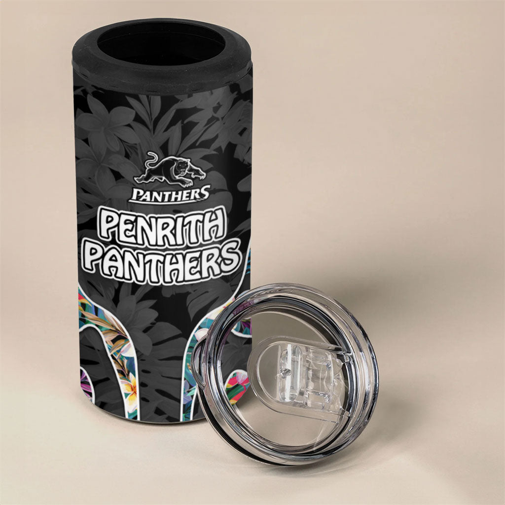 Penrith Panthers 4 in 1 Can Cooler Tumbler Tropical Hibiscus Floral Pattern With Black And Grey Accents