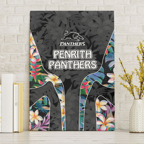 Penrith Panthers Canvas Wall Art Tropical Hibiscus Floral Pattern With Black And Grey Accents