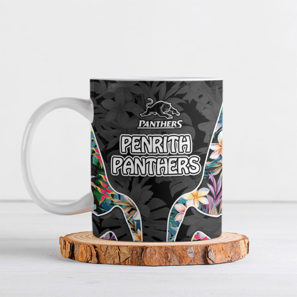Penrith Panthers Ceramic Mug Tropical Hibiscus Floral Pattern With Black And Grey Accents