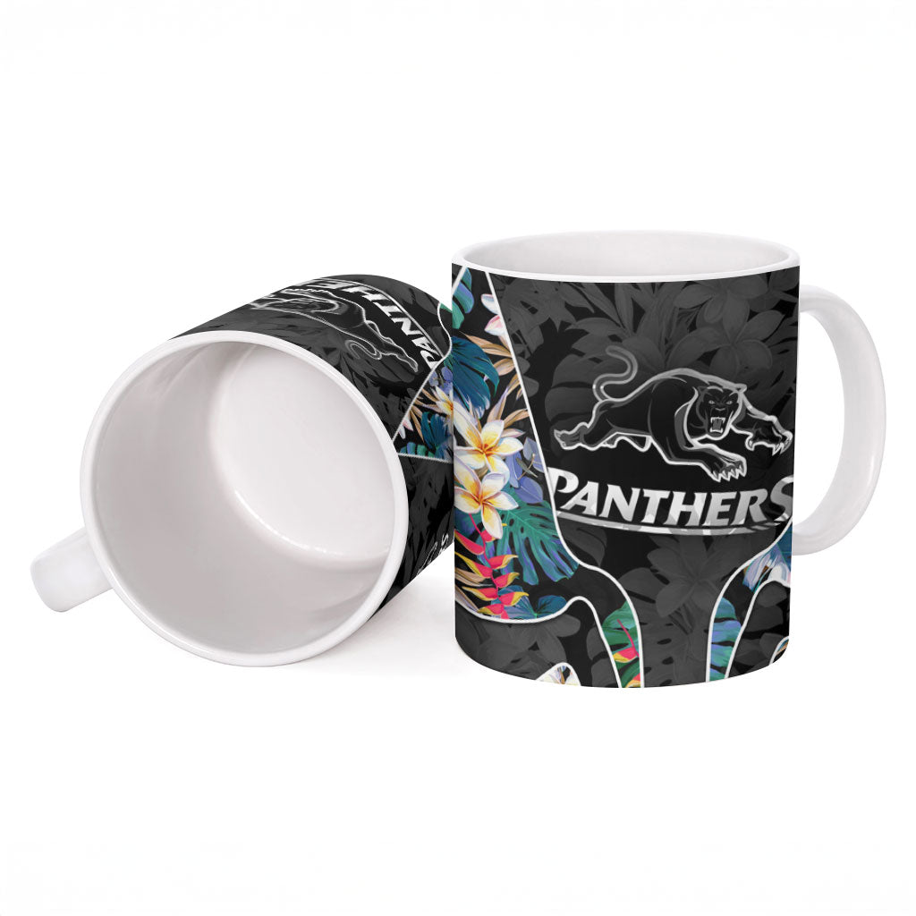 Penrith Panthers Ceramic Mug Tropical Hibiscus Floral Pattern With Black And Grey Accents