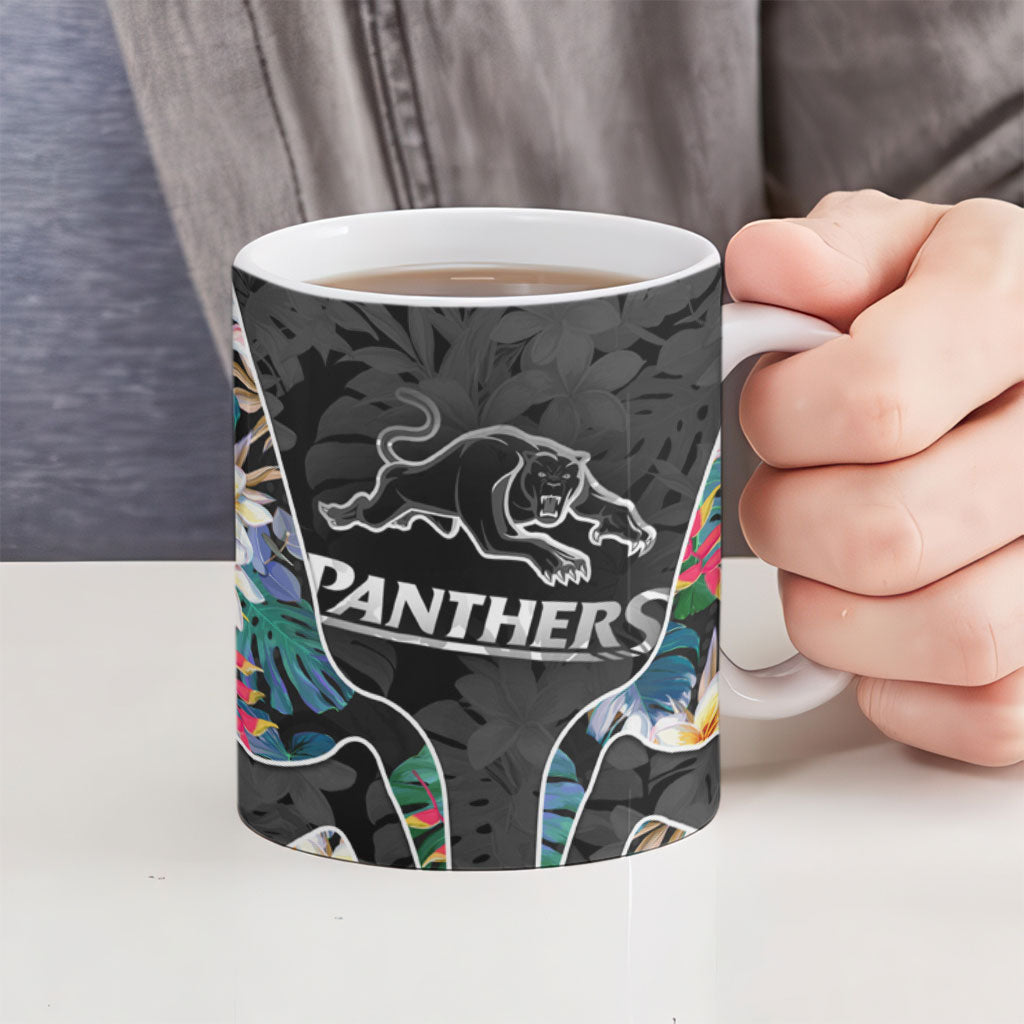 Penrith Panthers Ceramic Mug Tropical Hibiscus Floral Pattern With Black And Grey Accents