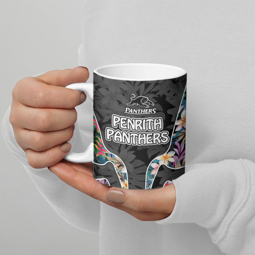 Penrith Panthers Ceramic Mug Tropical Hibiscus Floral Pattern With Black And Grey Accents