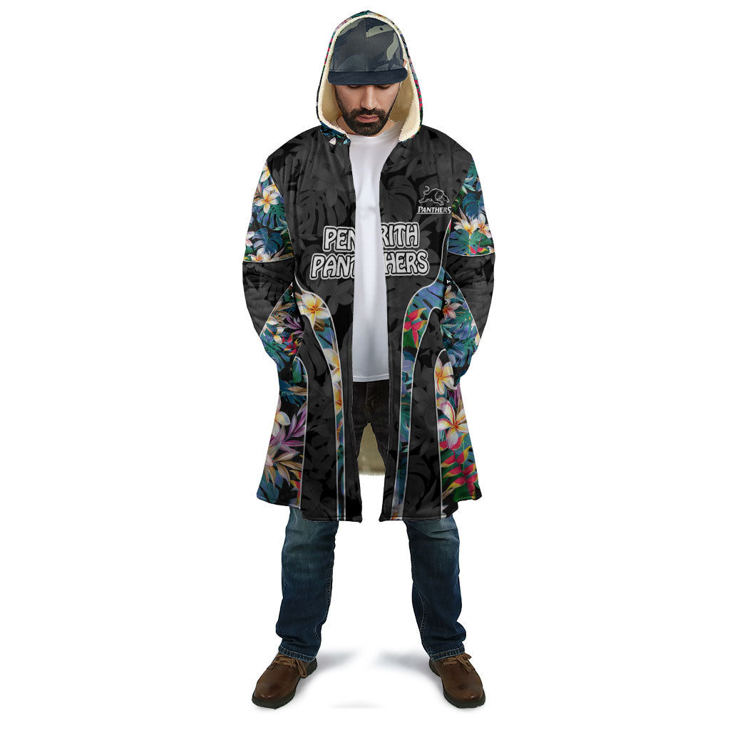 Penrith Panthers Cloak Tropical Hibiscus Floral Pattern With Black And Grey Accents