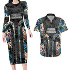 Penrith Panthers Couples Matching Long Sleeve Bodycon Dress and Hawaiian Shirt Tropical Hibiscus Floral Pattern With Black And Grey Accents