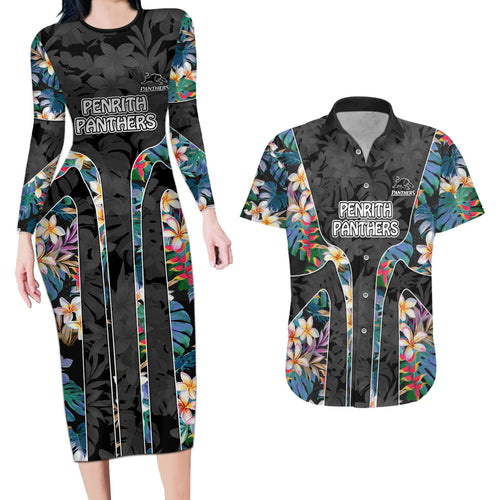 Penrith Panthers Couples Matching Long Sleeve Bodycon Dress and Hawaiian Shirt Tropical Hibiscus Floral Pattern With Black And Grey Accents