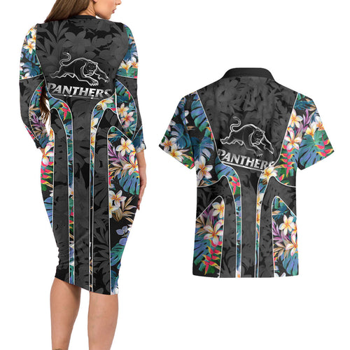 Penrith Panthers Couples Matching Long Sleeve Bodycon Dress and Hawaiian Shirt Tropical Hibiscus Floral Pattern With Black And Grey Accents