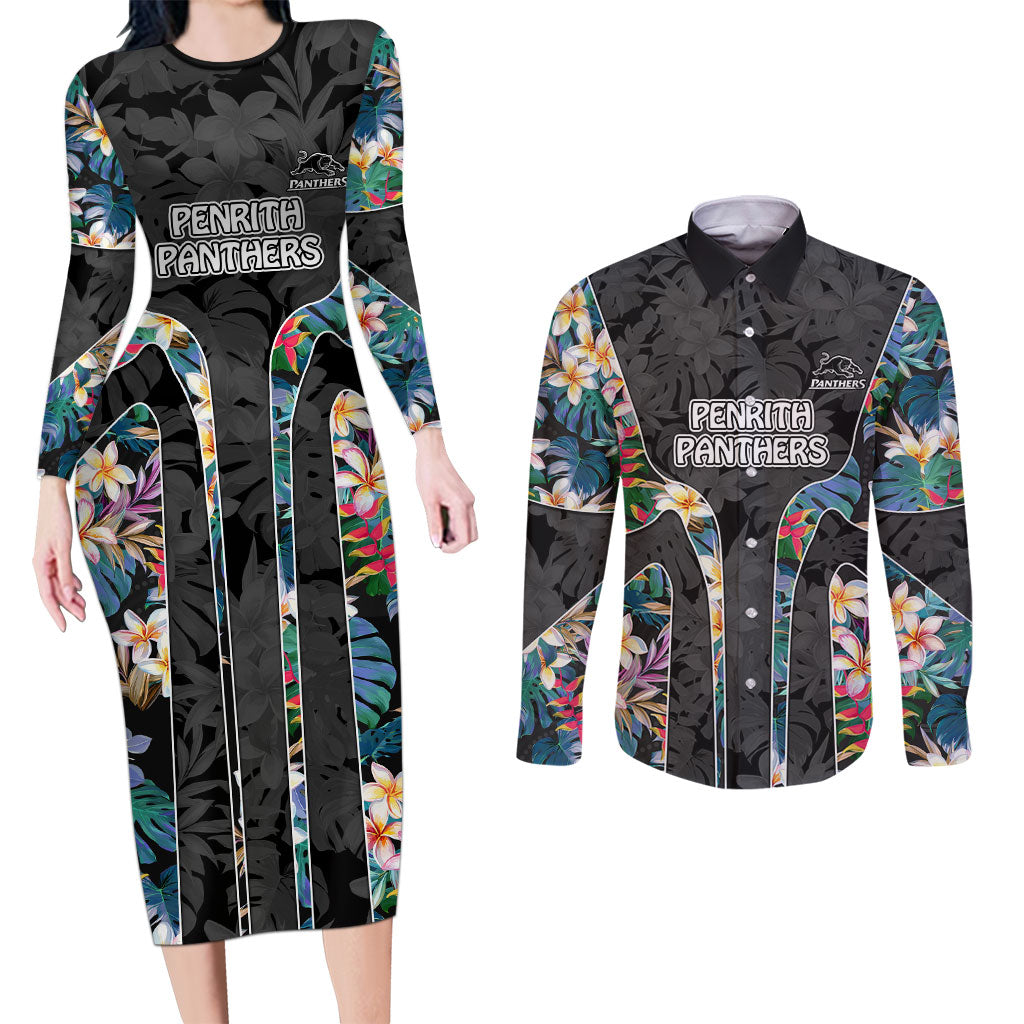 Penrith Panthers Couples Matching Long Sleeve Bodycon Dress and Long Sleeve Button Shirt Tropical Hibiscus Floral Pattern With Black And Grey Accents