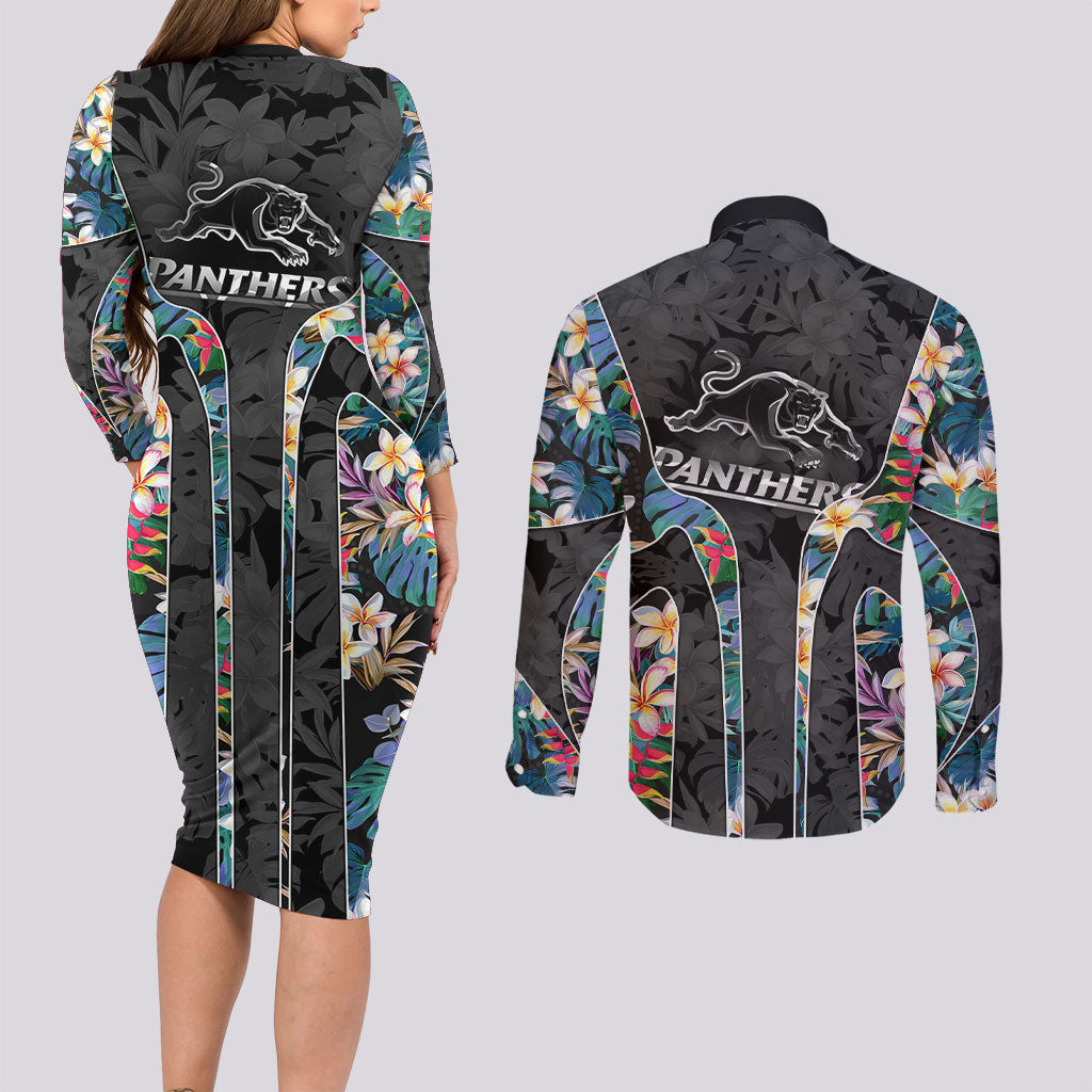 Penrith Panthers Couples Matching Long Sleeve Bodycon Dress and Long Sleeve Button Shirt Tropical Hibiscus Floral Pattern With Black And Grey Accents