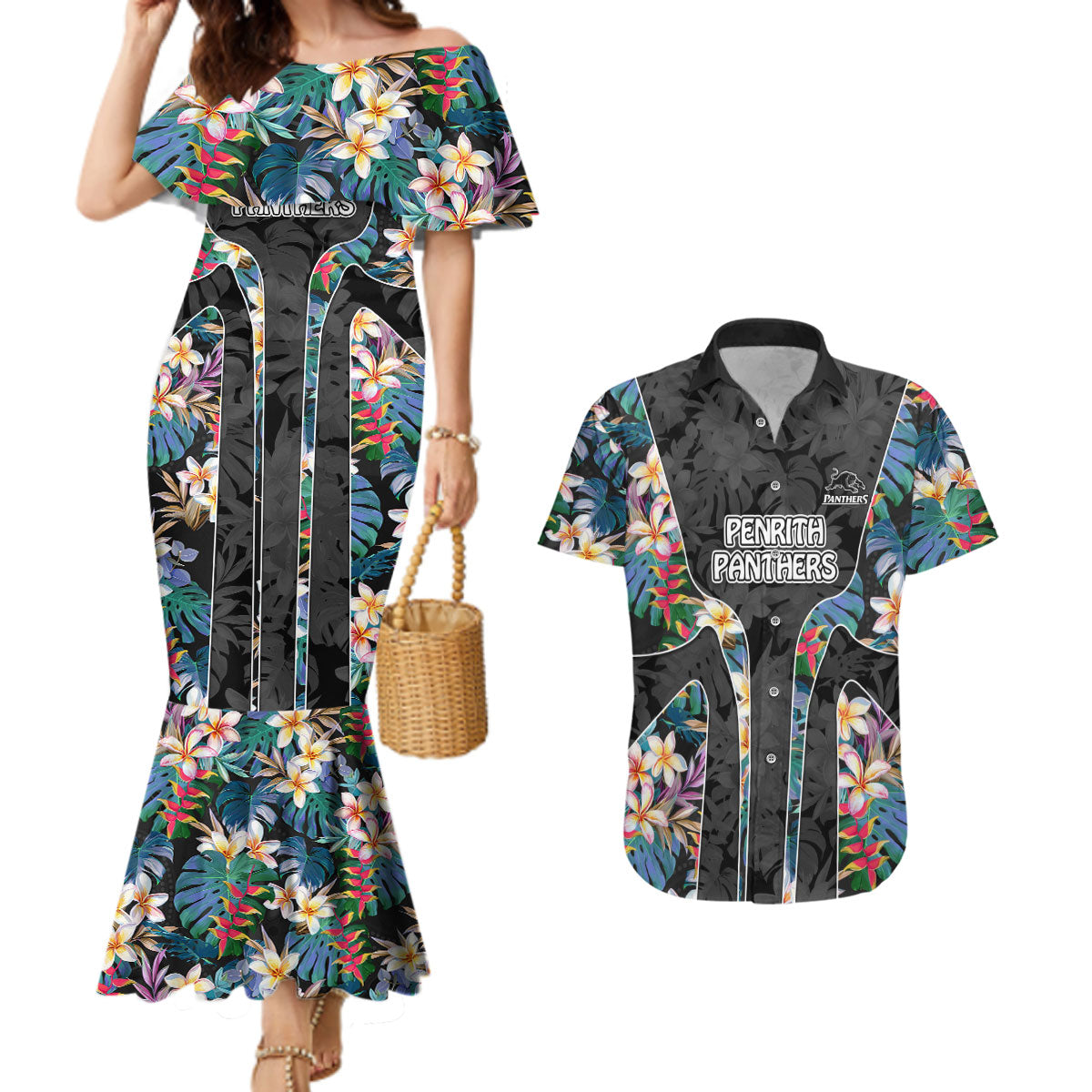 Penrith Panthers Couples Matching Mermaid Dress and Hawaiian Shirt Tropical Hibiscus Floral Pattern With Black And Grey Accents