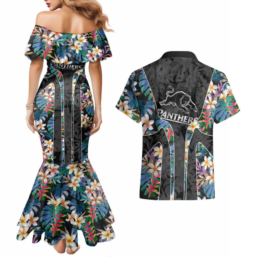 Penrith Panthers Couples Matching Mermaid Dress and Hawaiian Shirt Tropical Hibiscus Floral Pattern With Black And Grey Accents