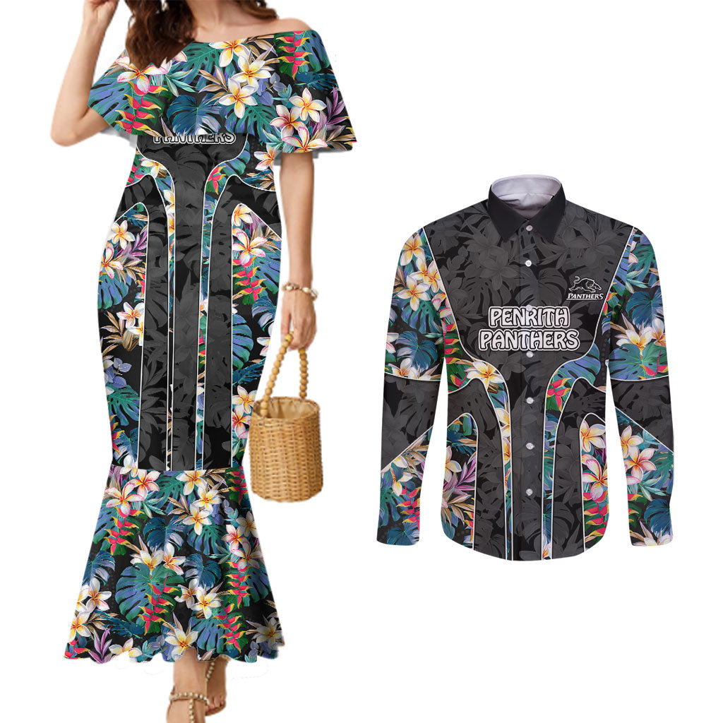 Penrith Panthers Couples Matching Mermaid Dress and Long Sleeve Button Shirt Tropical Hibiscus Floral Pattern With Black And Grey Accents