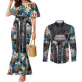 Penrith Panthers Couples Matching Mermaid Dress and Long Sleeve Button Shirt Tropical Hibiscus Floral Pattern With Black And Grey Accents