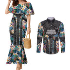 Penrith Panthers Couples Matching Mermaid Dress and Long Sleeve Button Shirt Tropical Hibiscus Floral Pattern With Black And Grey Accents