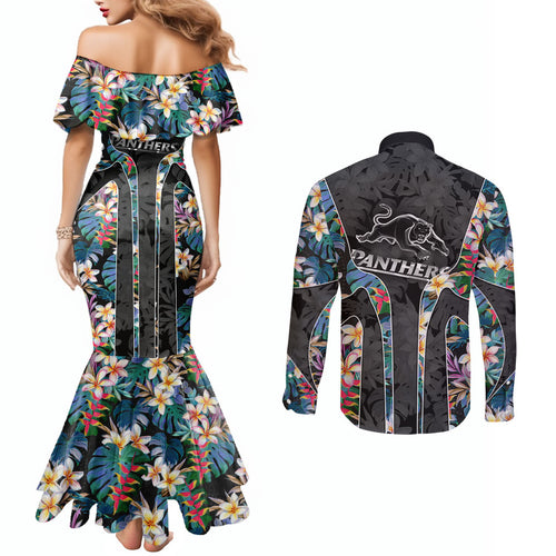 Penrith Panthers Couples Matching Mermaid Dress and Long Sleeve Button Shirt Tropical Hibiscus Floral Pattern With Black And Grey Accents