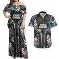 Penrith Panthers Couples Matching Off Shoulder Maxi Dress and Hawaiian Shirt Tropical Hibiscus Floral Pattern With Black And Grey Accents