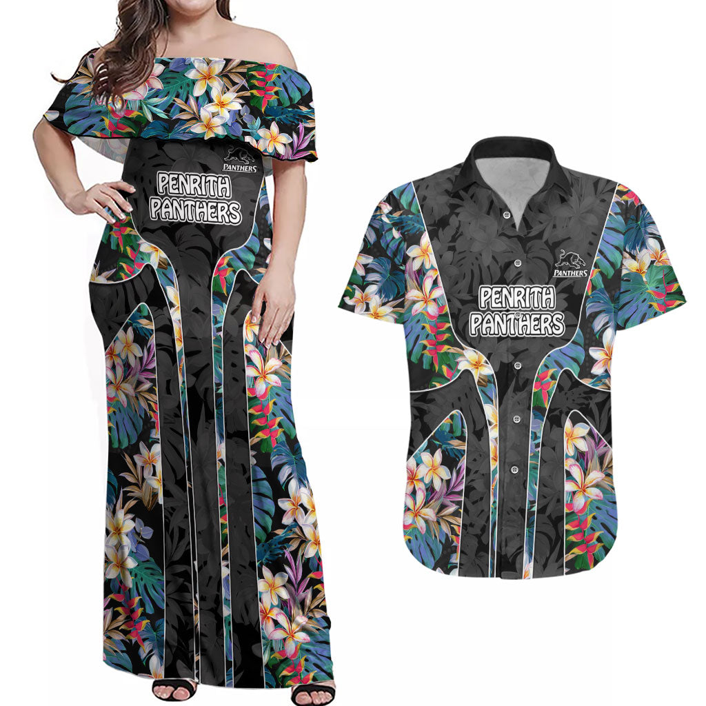 Penrith Panthers Couples Matching Off Shoulder Maxi Dress and Hawaiian Shirt Tropical Hibiscus Floral Pattern With Black And Grey Accents