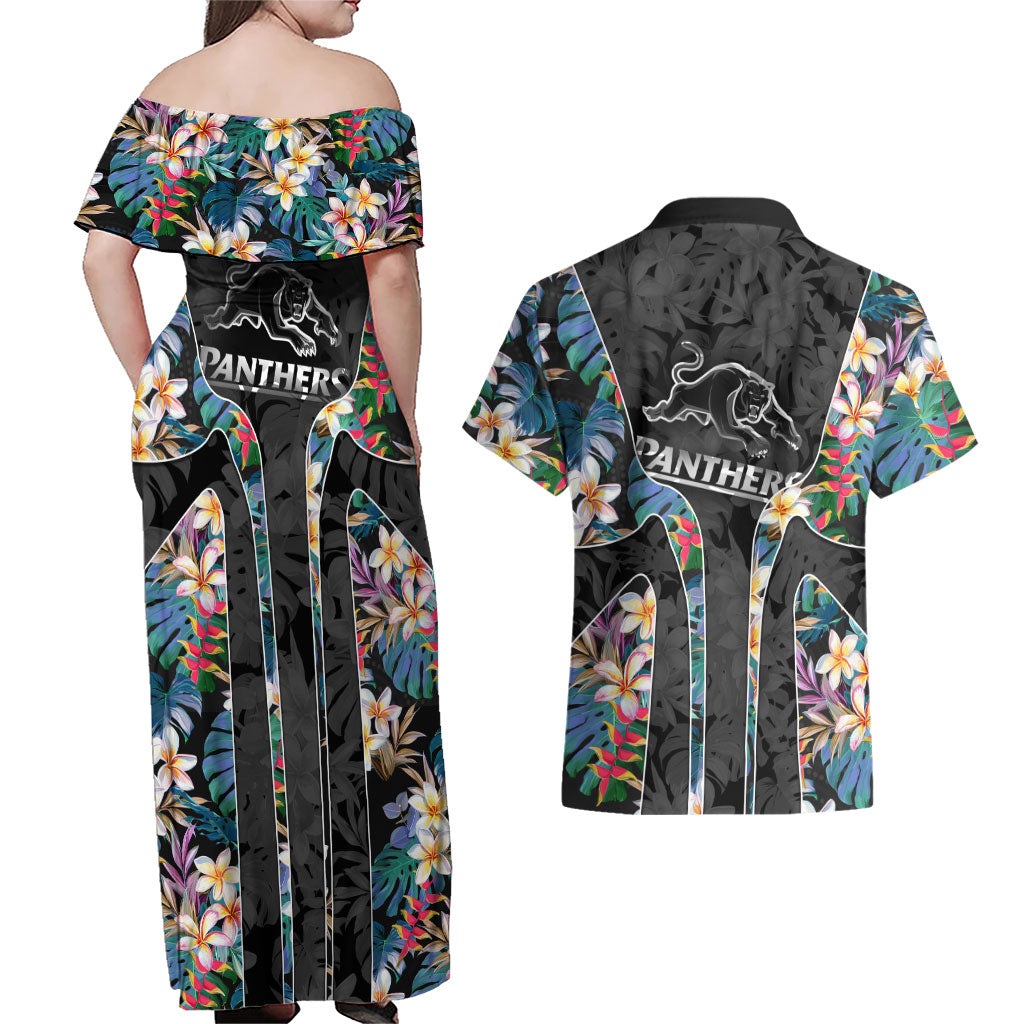 Penrith Panthers Couples Matching Off Shoulder Maxi Dress and Hawaiian Shirt Tropical Hibiscus Floral Pattern With Black And Grey Accents