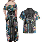 Penrith Panthers Couples Matching Off Shoulder Maxi Dress and Hawaiian Shirt Tropical Hibiscus Floral Pattern With Black And Grey Accents