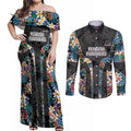 Penrith Panthers Couples Matching Off Shoulder Maxi Dress and Long Sleeve Button Shirt Tropical Hibiscus Floral Pattern With Black And Grey Accents