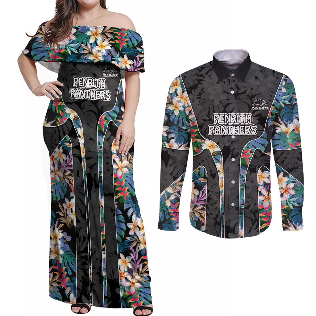 Penrith Panthers Couples Matching Off Shoulder Maxi Dress and Long Sleeve Button Shirt Tropical Hibiscus Floral Pattern With Black And Grey Accents