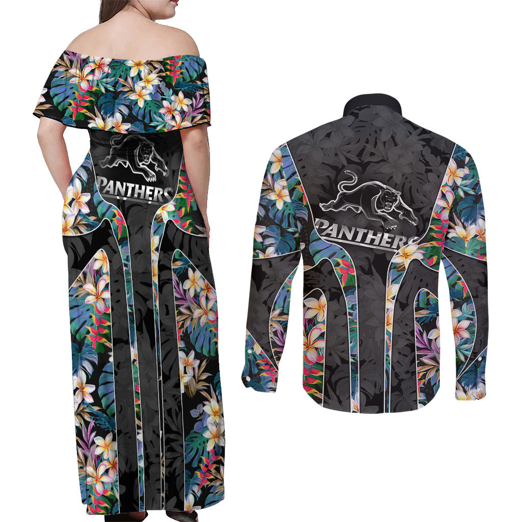 Penrith Panthers Couples Matching Off Shoulder Maxi Dress and Long Sleeve Button Shirt Tropical Hibiscus Floral Pattern With Black And Grey Accents