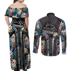 Penrith Panthers Couples Matching Off Shoulder Maxi Dress and Long Sleeve Button Shirt Tropical Hibiscus Floral Pattern With Black And Grey Accents
