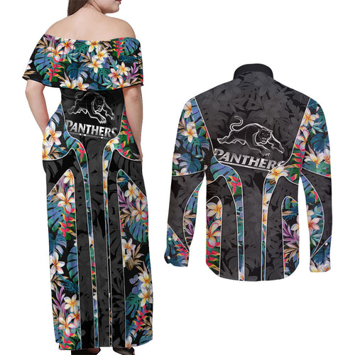 Penrith Panthers Couples Matching Off Shoulder Maxi Dress and Long Sleeve Button Shirt Tropical Hibiscus Floral Pattern With Black And Grey Accents