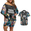 Penrith Panthers Couples Matching Off Shoulder Short Dress and Hawaiian Shirt Tropical Hibiscus Floral Pattern With Black And Grey Accents