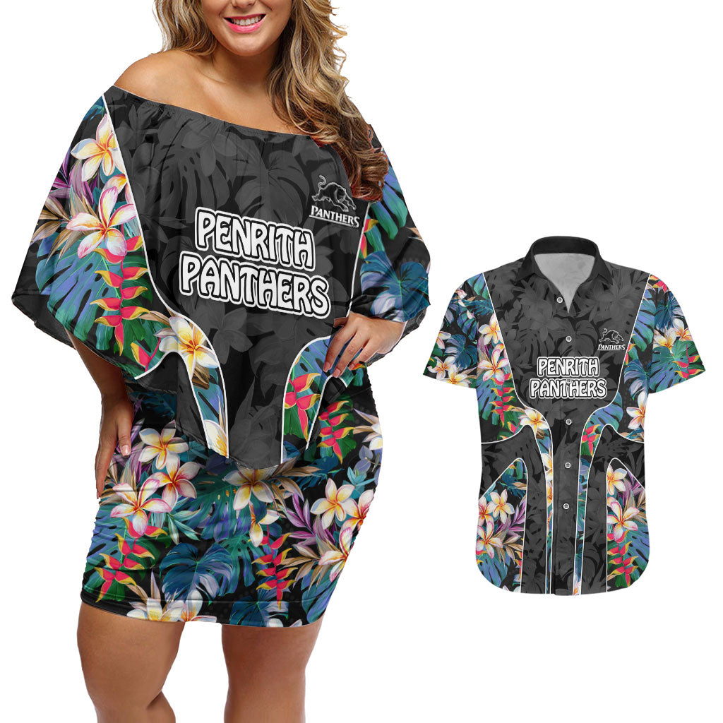 Penrith Panthers Couples Matching Off Shoulder Short Dress and Hawaiian Shirt Tropical Hibiscus Floral Pattern With Black And Grey Accents