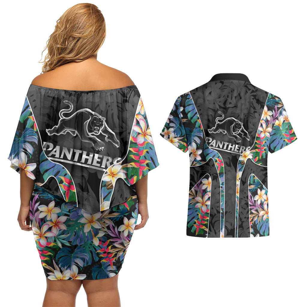 Penrith Panthers Couples Matching Off Shoulder Short Dress and Hawaiian Shirt Tropical Hibiscus Floral Pattern With Black And Grey Accents