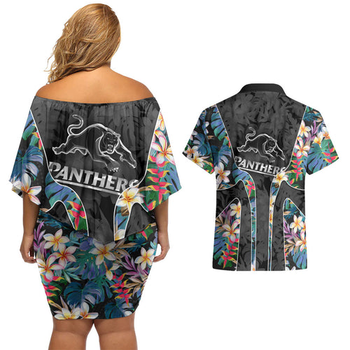 Penrith Panthers Couples Matching Off Shoulder Short Dress and Hawaiian Shirt Tropical Hibiscus Floral Pattern With Black And Grey Accents