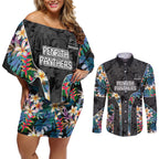 Penrith Panthers Couples Matching Off Shoulder Short Dress and Long Sleeve Button Shirt Tropical Hibiscus Floral Pattern With Black And Grey Accents