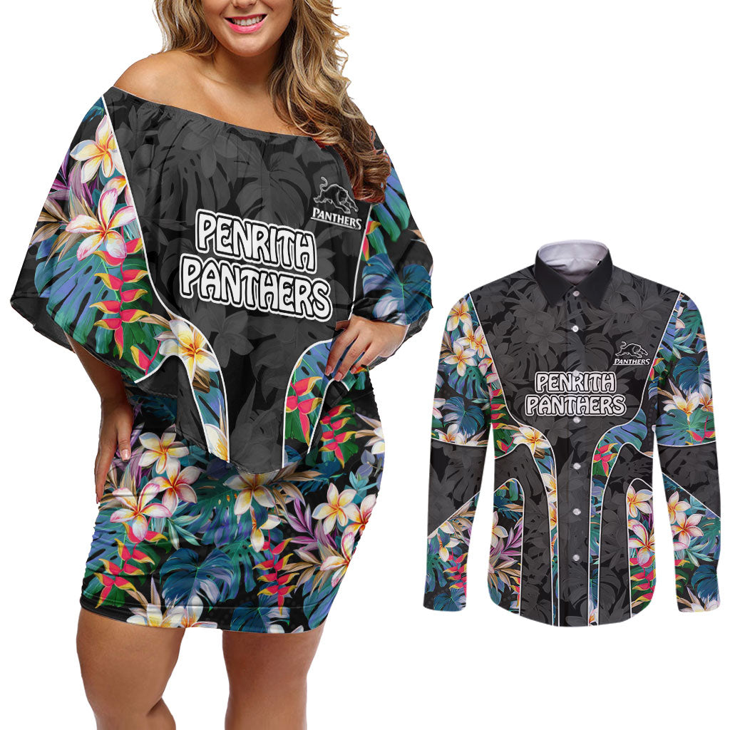 Penrith Panthers Couples Matching Off Shoulder Short Dress and Long Sleeve Button Shirt Tropical Hibiscus Floral Pattern With Black And Grey Accents