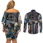 Penrith Panthers Couples Matching Off Shoulder Short Dress and Long Sleeve Button Shirt Tropical Hibiscus Floral Pattern With Black And Grey Accents