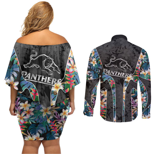 Penrith Panthers Couples Matching Off Shoulder Short Dress and Long Sleeve Button Shirt Tropical Hibiscus Floral Pattern With Black And Grey Accents