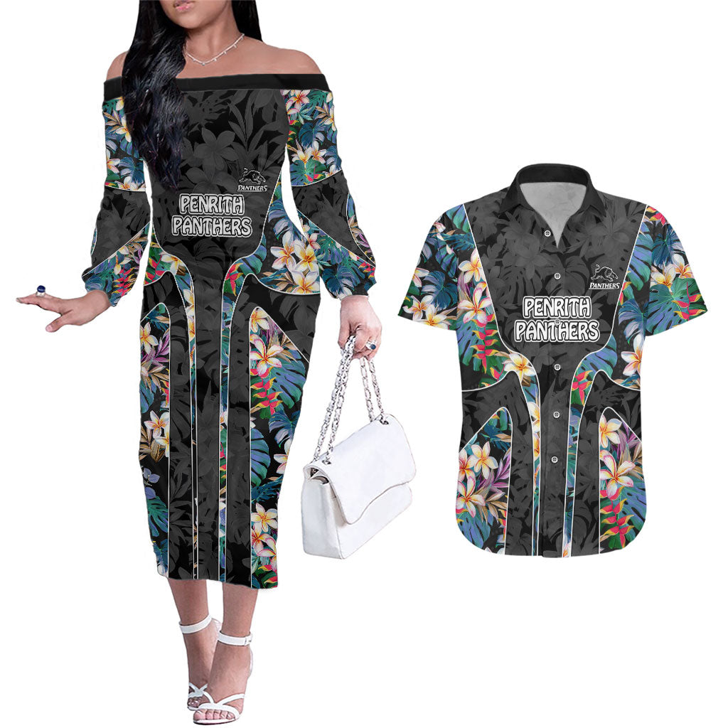 Penrith Panthers Couples Matching Off The Shoulder Long Sleeve Dress and Hawaiian Shirt Tropical Hibiscus Floral Pattern With Black And Grey Accents