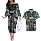 Penrith Panthers Couples Matching Off The Shoulder Long Sleeve Dress and Hawaiian Shirt Tropical Hibiscus Floral Pattern With Black And Grey Accents