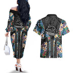 Penrith Panthers Couples Matching Off The Shoulder Long Sleeve Dress and Hawaiian Shirt Tropical Hibiscus Floral Pattern With Black And Grey Accents