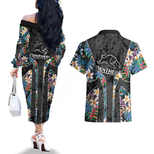 Penrith Panthers Couples Matching Off The Shoulder Long Sleeve Dress and Hawaiian Shirt Tropical Hibiscus Floral Pattern With Black And Grey Accents