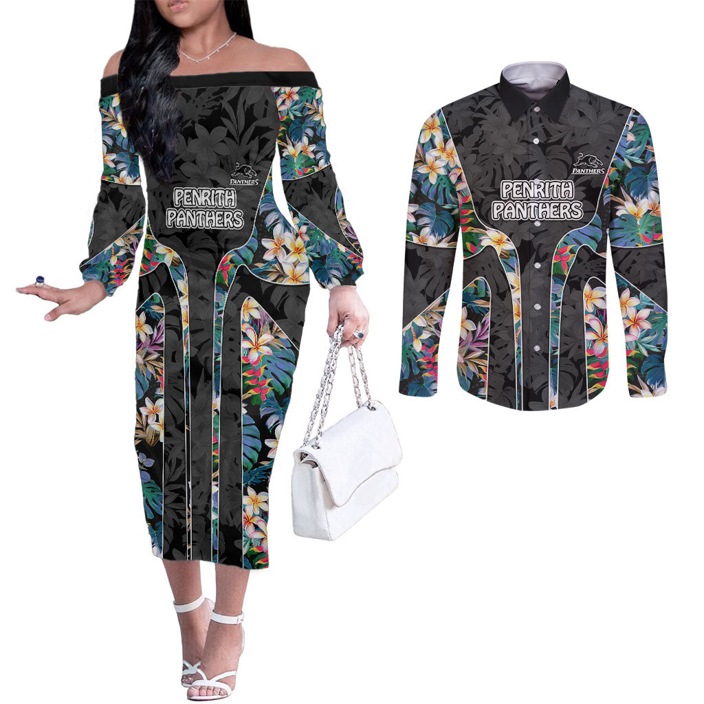 Penrith Panthers Couples Matching Off The Shoulder Long Sleeve Dress and Long Sleeve Button Shirt Tropical Hibiscus Floral Pattern With Black And Grey Accents
