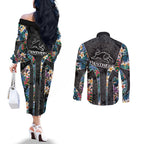 Penrith Panthers Couples Matching Off The Shoulder Long Sleeve Dress and Long Sleeve Button Shirt Tropical Hibiscus Floral Pattern With Black And Grey Accents