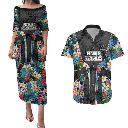 Penrith Panthers Couples Matching Puletasi and Hawaiian Shirt Tropical Hibiscus Floral Pattern With Black And Grey Accents
