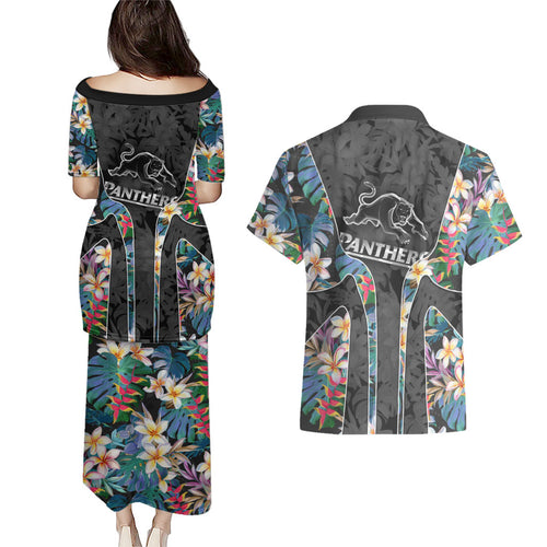 Penrith Panthers Couples Matching Puletasi and Hawaiian Shirt Tropical Hibiscus Floral Pattern With Black And Grey Accents