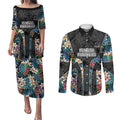 Penrith Panthers Couples Matching Puletasi and Long Sleeve Button Shirt Tropical Hibiscus Floral Pattern With Black And Grey Accents