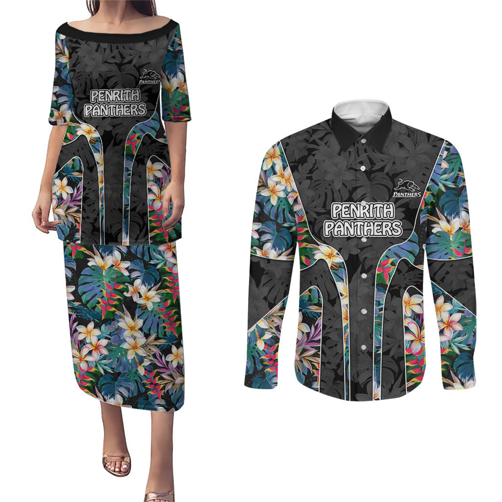 Penrith Panthers Couples Matching Puletasi and Long Sleeve Button Shirt Tropical Hibiscus Floral Pattern With Black And Grey Accents