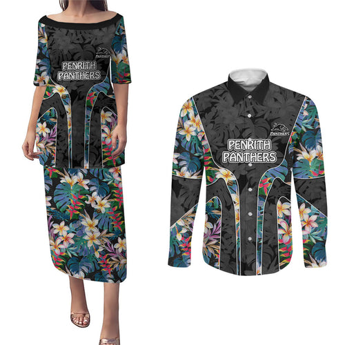 Penrith Panthers Couples Matching Puletasi and Long Sleeve Button Shirt Tropical Hibiscus Floral Pattern With Black And Grey Accents